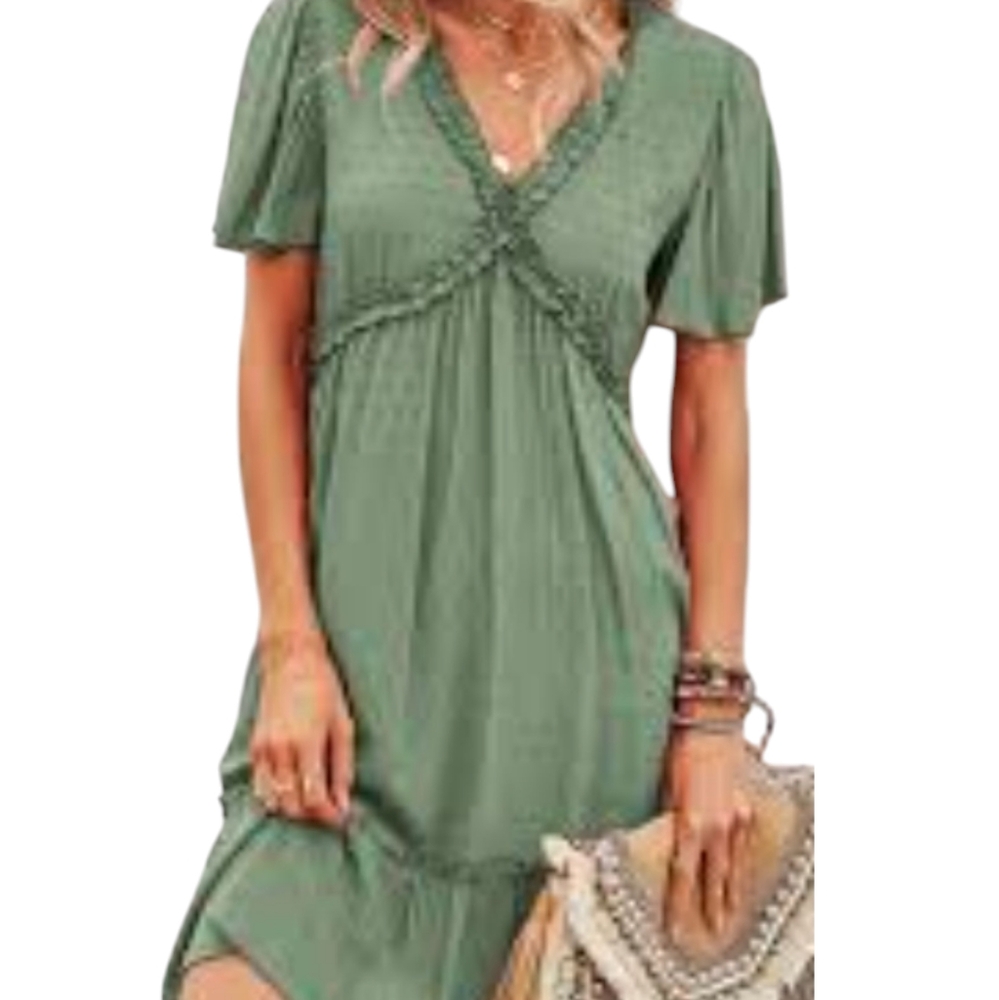 ePretty Chicago Green Dotted Swiss Baby Doll Deep V-Neck Dress Small